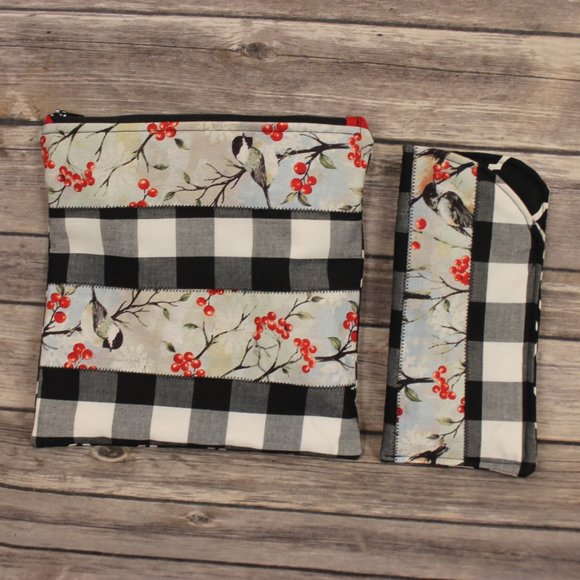 Robin Printed Black & White Buffalo Check Berries Zippered Pouch & Sunglass Case - Picture 3 of 11